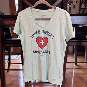Life Is Good Light Mint V-Neck Tee with Heart Medical Graphic